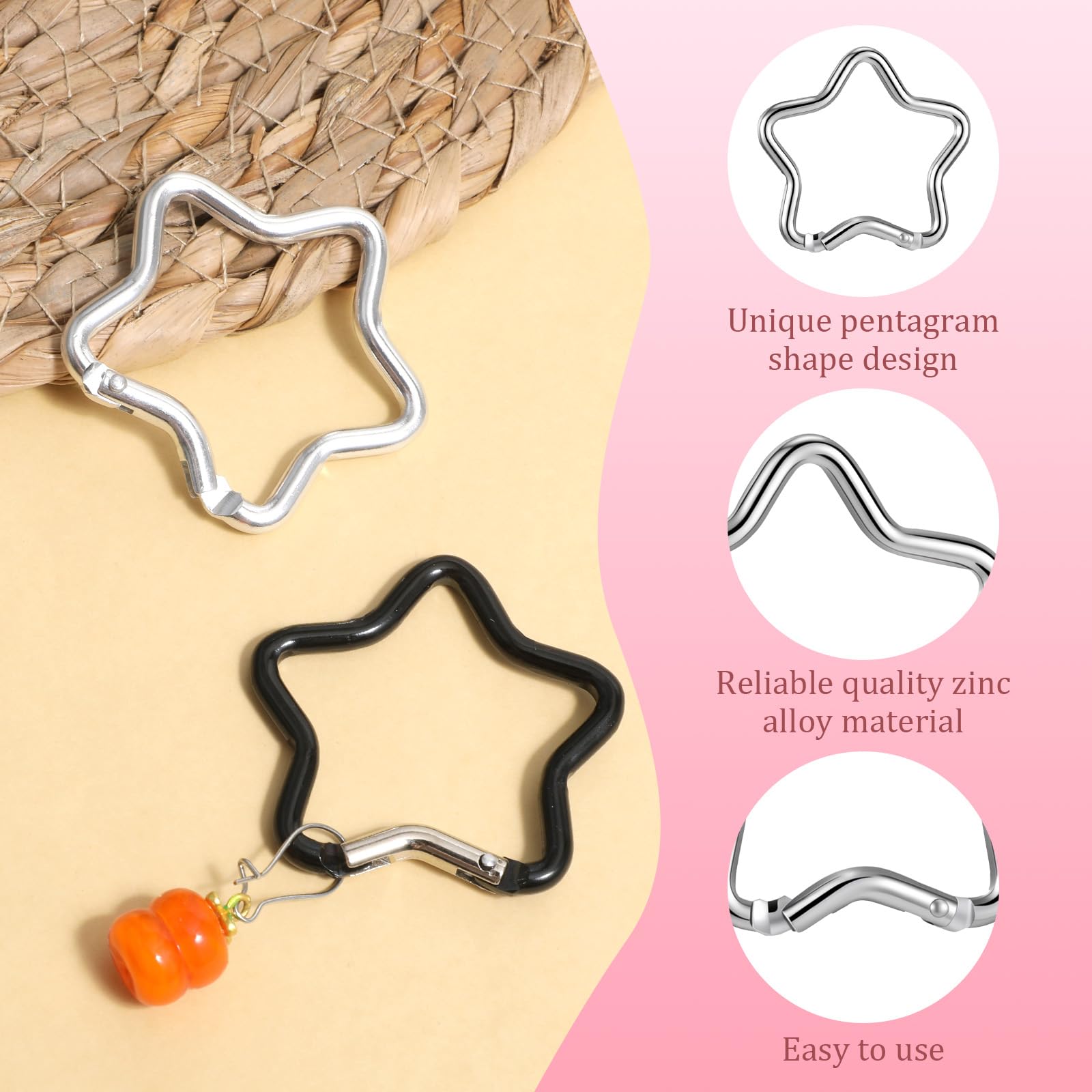 Larrel 4 Stück Schlüsselringe aus Metall in Sternform, Aluminiumlegierung Sternkarabiner Schlüsselanhänger Karabinerhaken für Schlüssel und Geldbörse, Silber Schwarz