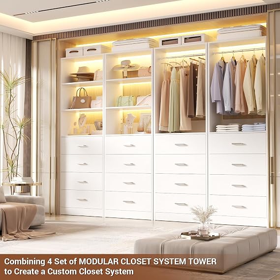 Aheaplus Closet Drawers System, 21.3 Wood Closet Organizer System with 4 Drawers, Modular Walk-in Closet System Storage Unit, Small Closets Wardrobe Rack, Tall Storage Cabinet Unit, White