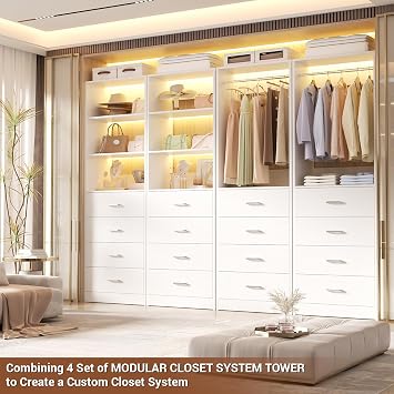 Aheaplus Closet Drawers System, 21.3 Wood Closet Organizer System with 4 Drawers, Modular Walk-in Closet System Storage Unit, Small Closets Wardrobe Rack, Tall Storage Cabinet Unit, White