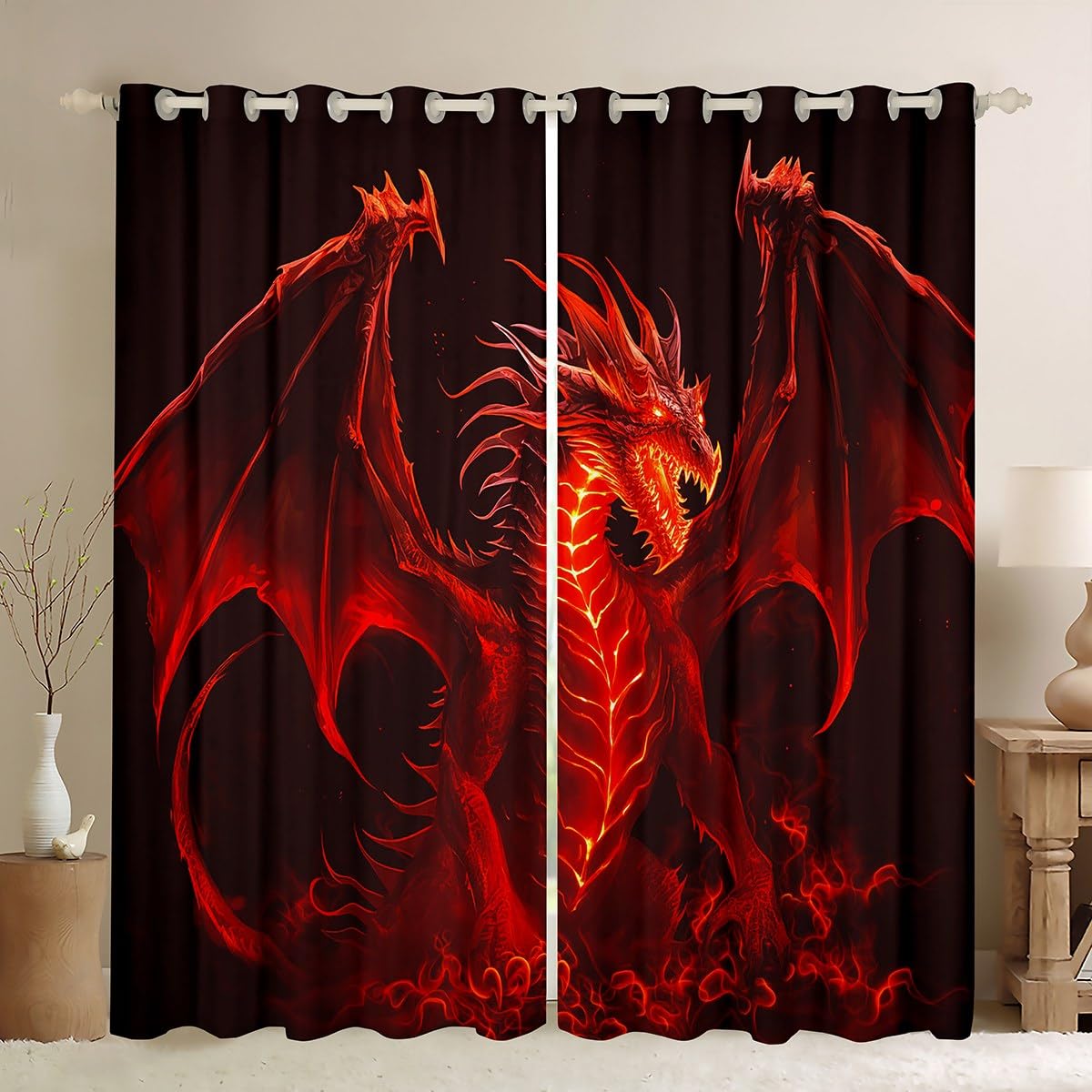 feelingyou Red Dragon Curtains for Windows,Kids Games Flame Wild Animal Curtains for Living Room,Red Black Wildlife Blackout Drapes 2 Panel Sets,46x72L โ image 1