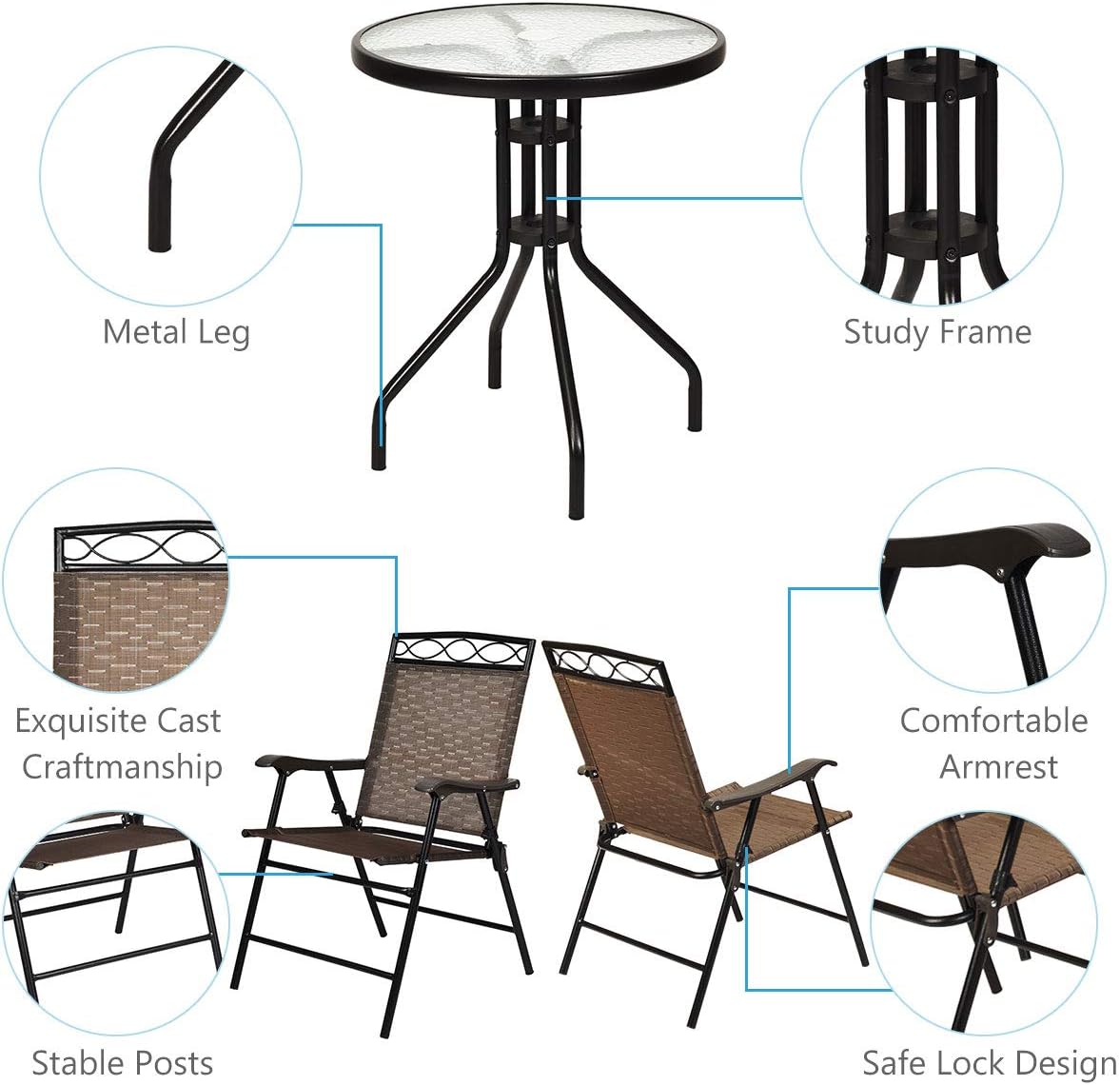 3 Piece Patio Bistro Set, Outdoor Bistro Dining Furniture Set Table & Folding Chairs for Garden, Pool, Backyard, Tempered Glass Tabletop with Umbrella Hole