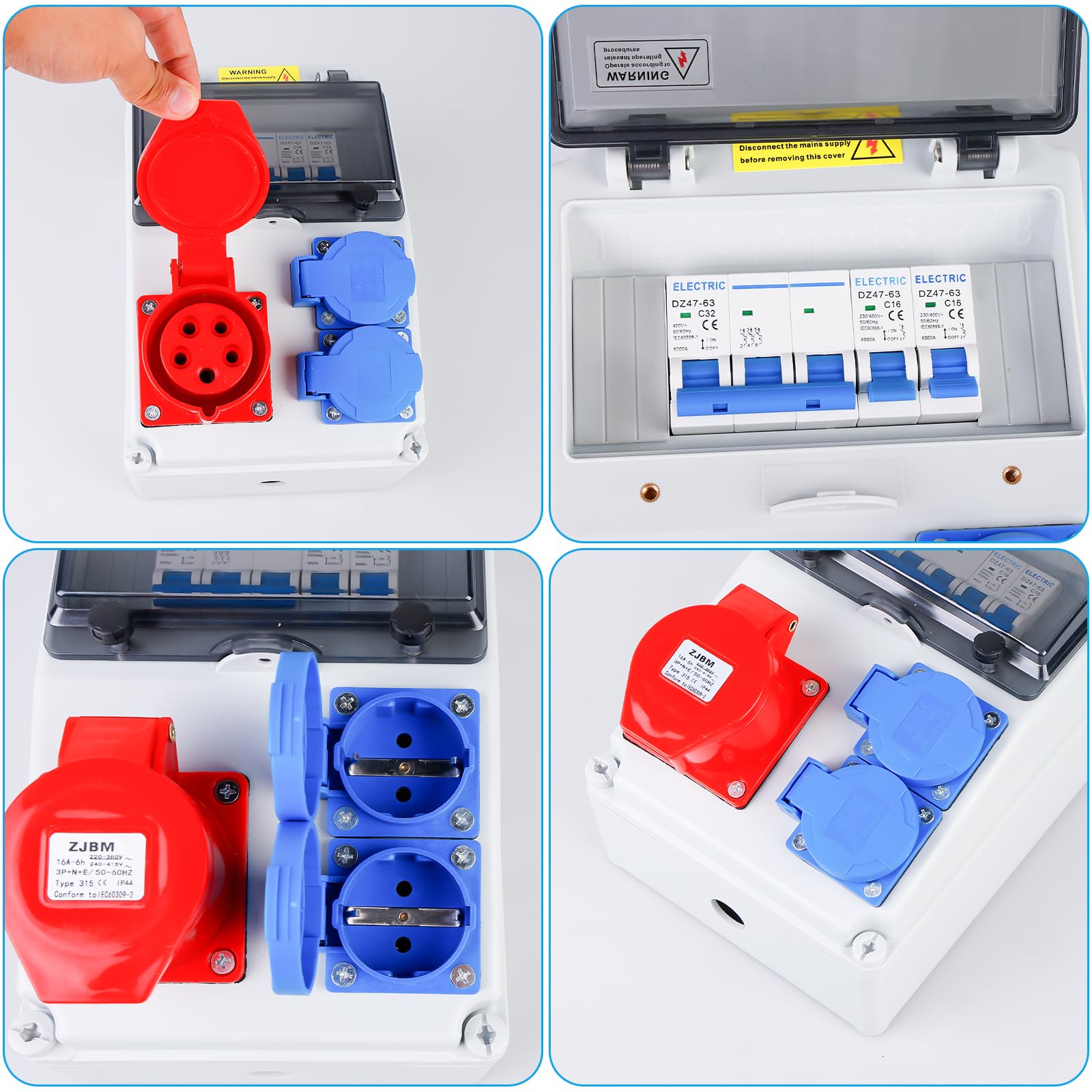 Caja de distribución, distribuidor de corriente para obra, distribuidor de pared, con interruptor automático, 2 tomas Schuko y CEE 16A, distribuidor de corriente impermeable, completamente