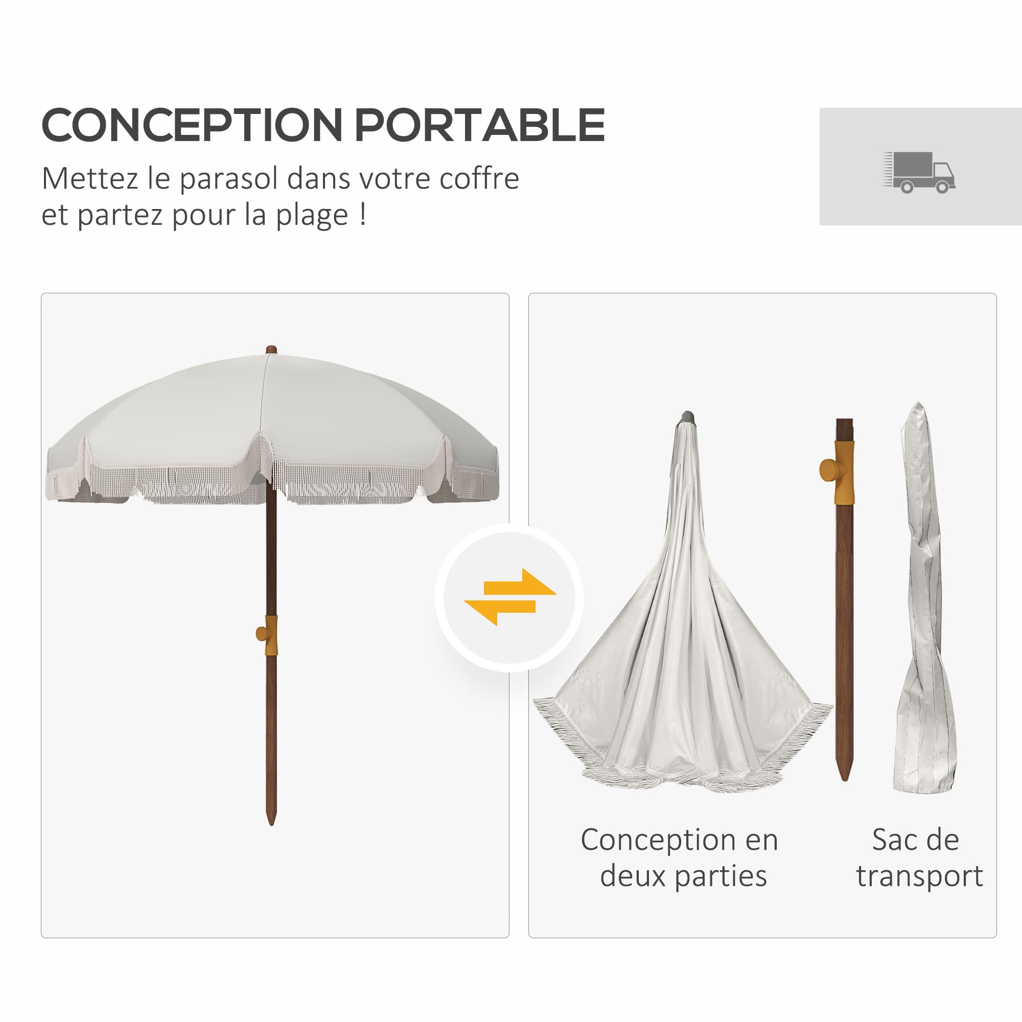 Outsunny Parasol de Plage à Frange Protection UV 40+ 8 Baleines Gris Clair