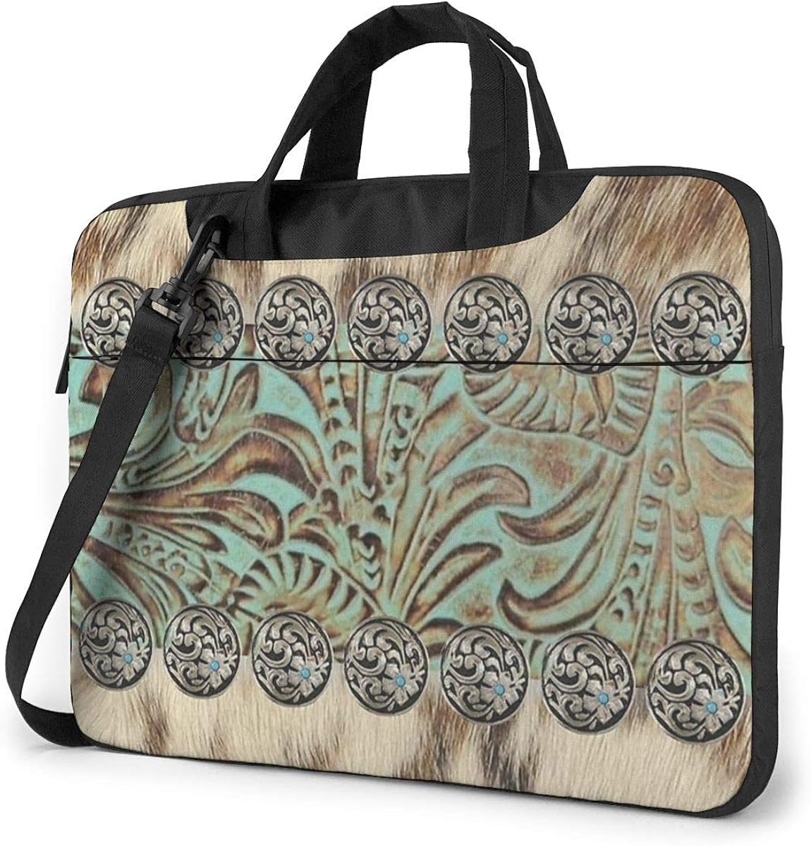 Brown Cowhide Teal Laptop Case with Handle Strap, 13 Inch