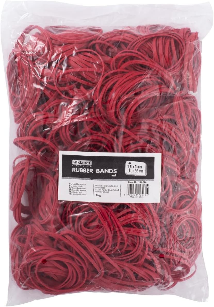 D.RECT - Elastic Band | 1 kg Bag | Rubber Ring | Size: 1.5 x 3 mm 1/2 Circumference 80 mm | Perfect for Household and Office | Reusable | Very Durable | Red