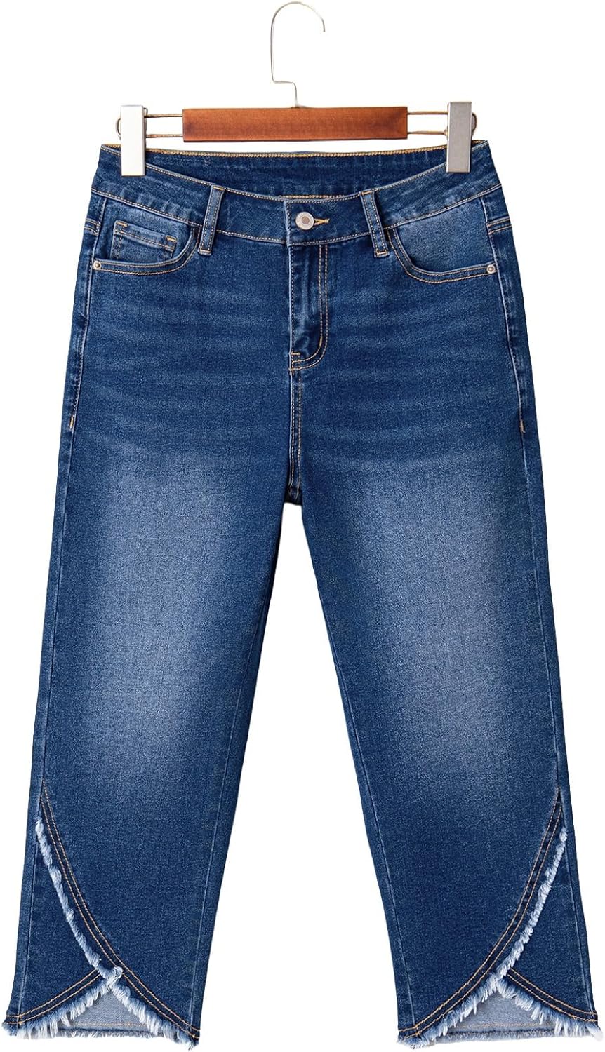Sidefeel Women's Jeans High Waisted Stretchy Cropped Skinny Jeans Trendy Cross Raw Hem Summer Capri Pants with Pockets