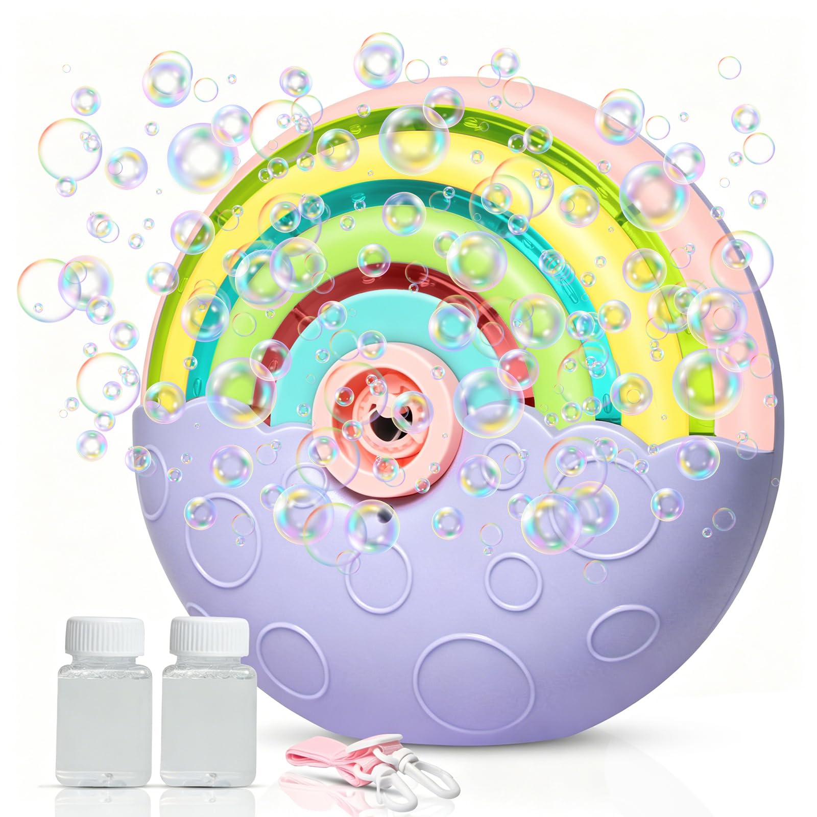 BUBOJOY Bubble Machine for Kids, Automatic Rainbow Bubble Machine 2000+ Bubbles with Glowing Light/Solution, Portable Bubble Blower Toy for Outdoor Summer Wedding Party, Purple
