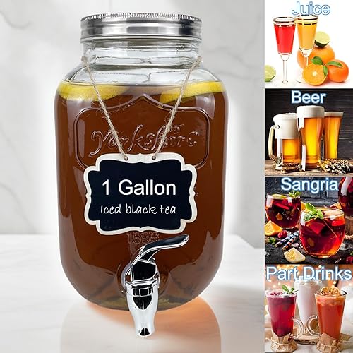 Miniatura 5 de Dispensador de bebidas de vidrio de 1 galón para fiestas, 1 dispensador de agua de té helado de limonada con soporte, dispensadores de bebidas