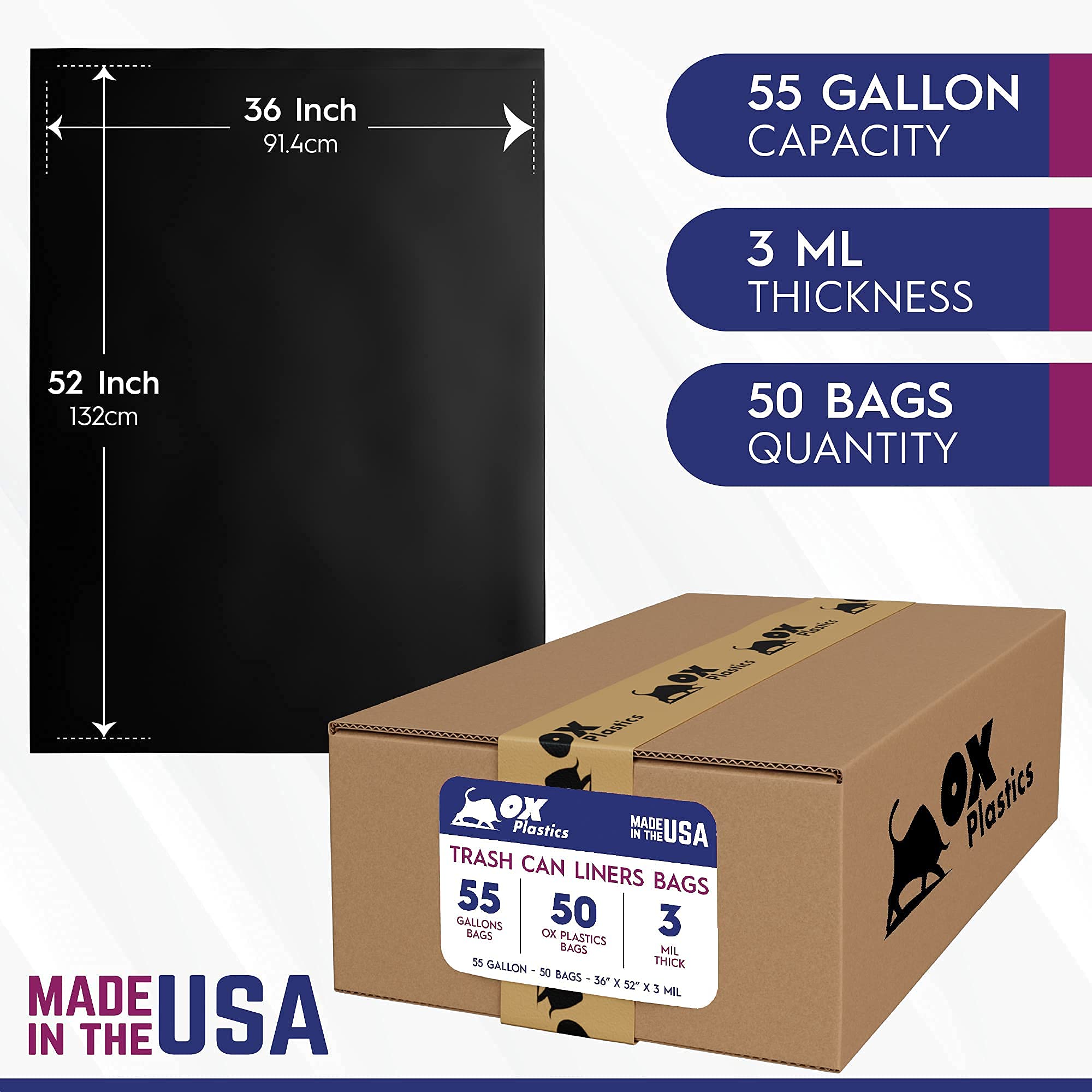 Ox Plastics - Bolsas muy resistentes para grandes contratistas de 250l y 3 mm de grosor - Bolsas de basura extra grandes para cubos de basura - 91 x 132 cm, 55 Gallon, Negro, 50