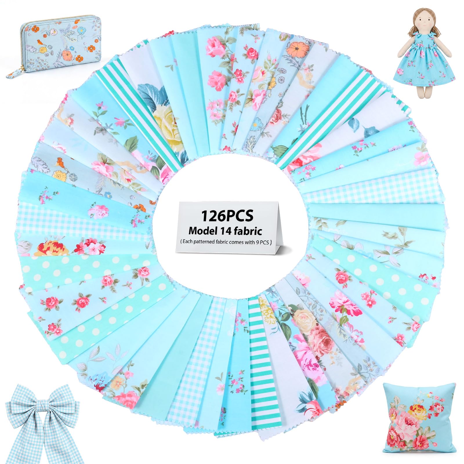 126Pcs Cotton Fabric Squares,12.7 X 12.7cm Precut Patchwork Fabric Bundle, Floral Craft Material Assortment for Quilting, Sewing, Scrapbooking & DIY Projects(Wathet)