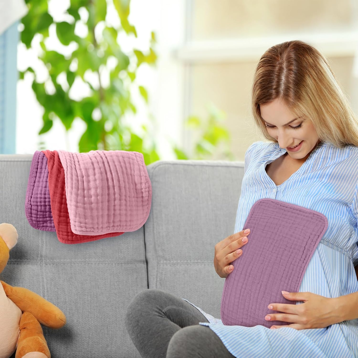 8 Packs Muslin Burp Cloths Large 20" x 10", 6 Layers Unisex Baby Absorbent 100% Cotton Burp Rags Colorful Muslin Washcloths for Baby Plain Soft Cotton Cloth for Babies Girls Boys(Vivid Colors) - Image 6