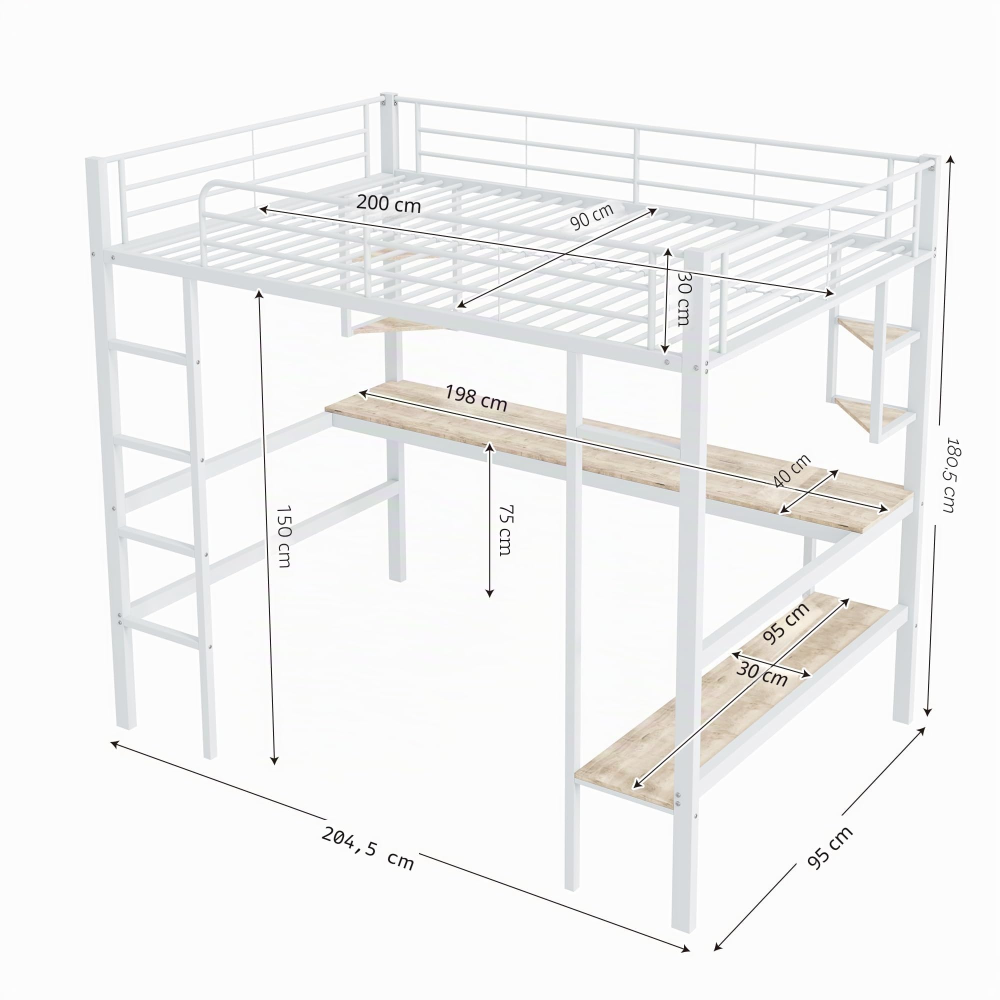 Letto a soppalco in metallo 90 x 200 cm, per bambini, ragazzi e adulti, letto a castello in metallo con scrivania e scaffale (bianco, 90 x 200 cm)