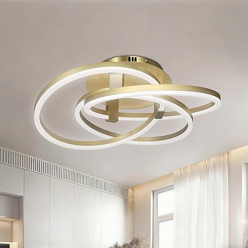 Maxax Lámpara de techo LED dorada de 23.5 pulgadas, moderna lámpara de techo de 3 anillos, lámpara de techo para dormitorio, sala de estar, comedor,