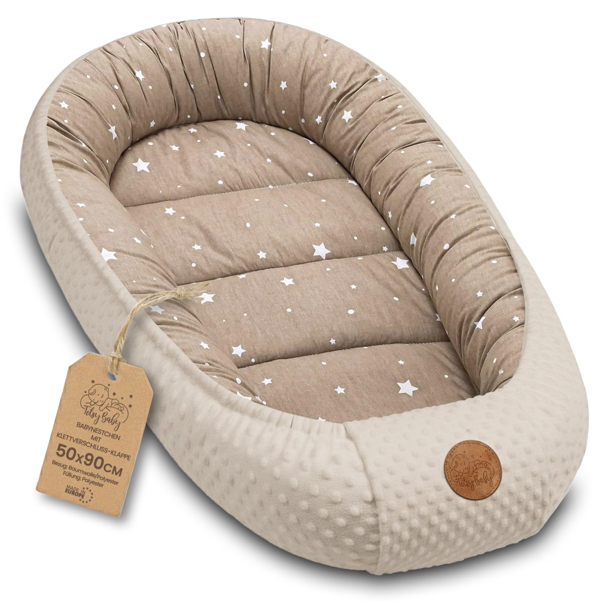 Riduttore lettino neonato - 90x50 cm nido culla pod cocoonababy babynest antisoffoco per bambina e bambino baby nest per neonati Beige con Stelle Bianche