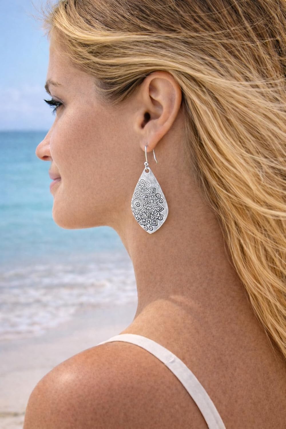 Floral Stamp Distressed Teardrops on Sterling Silver Earrings Handmade Boho Women - Image 2