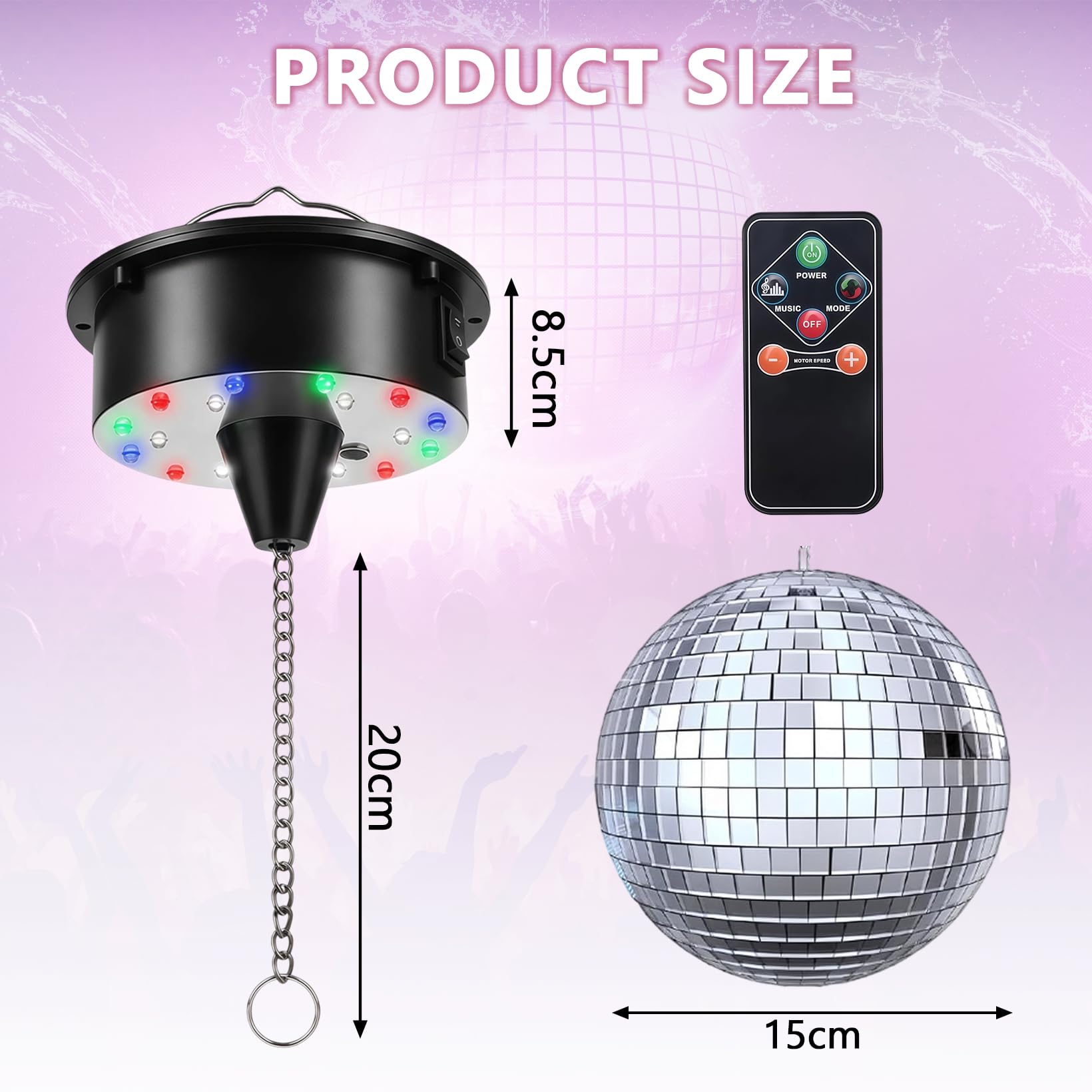 Discokugel mit Motor und Licht, Spiegelkugel mit Rotierender Motor und Fernbedienung mit 6 Tasten, 15cm Discokugel mit 4 Bunten Lichtern-18 LED-Perlen für Party-Dekoration Band Bar