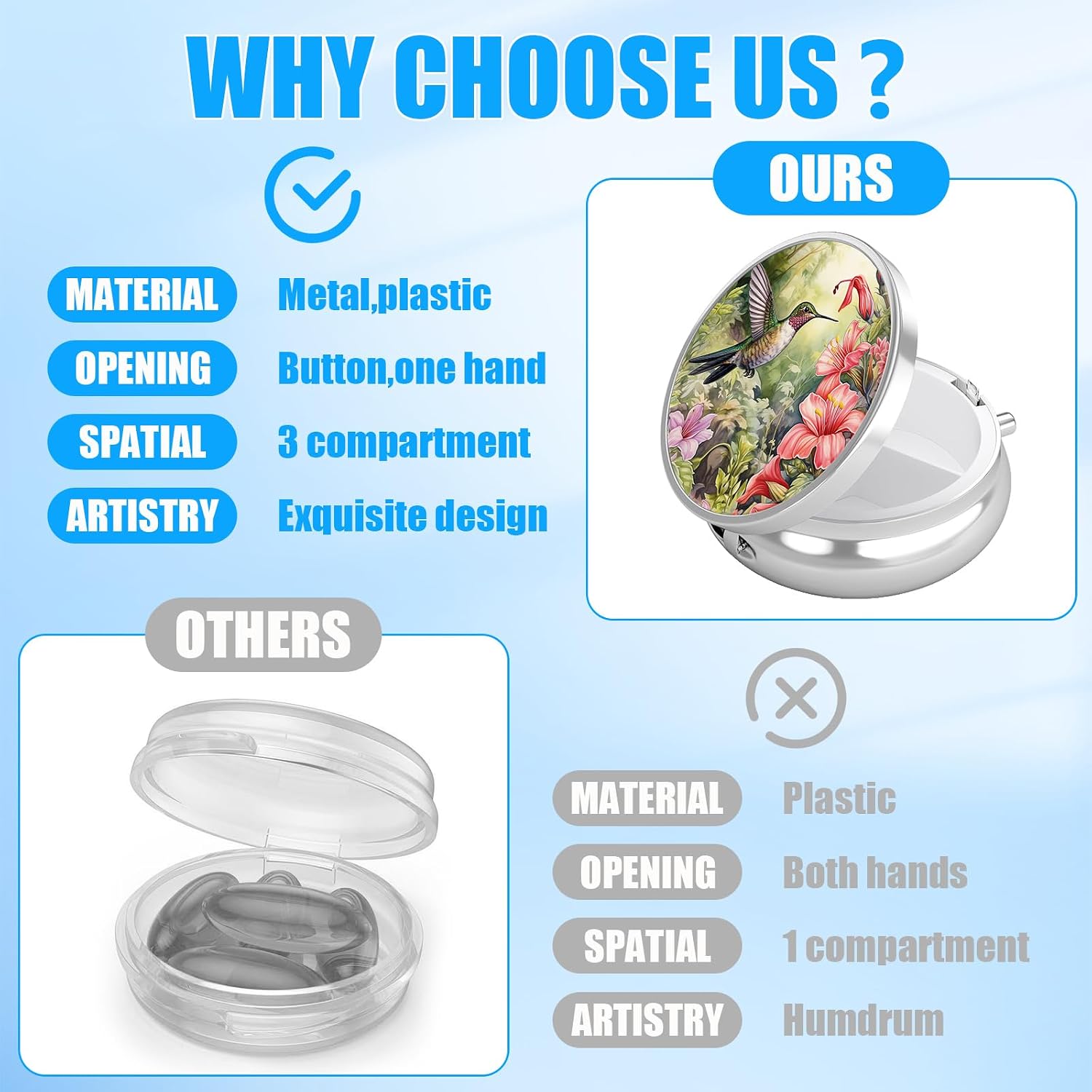 Pill Box, 3 Compartments Small Pill Case Travel Portable Metal Medicine Box with Mirror Mini Container for Purse Pocket Women Men(Hummingbird Flower) image 5