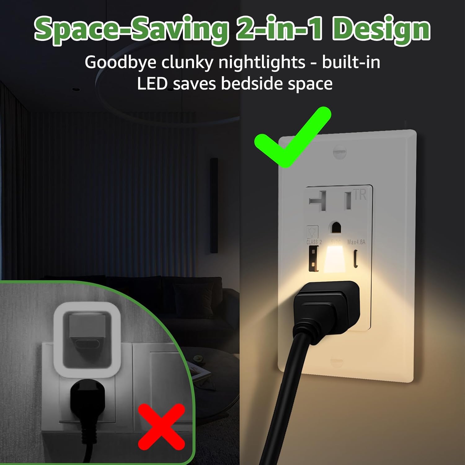 USB Outlet with Night Light, 20A Manual Control Nightlights Duplex Receptacle with Type A+C Ports, Tamper-Resistant, for Bedroom Kitchen Bathroom, 2-Pack White, ETL/FCC Listed