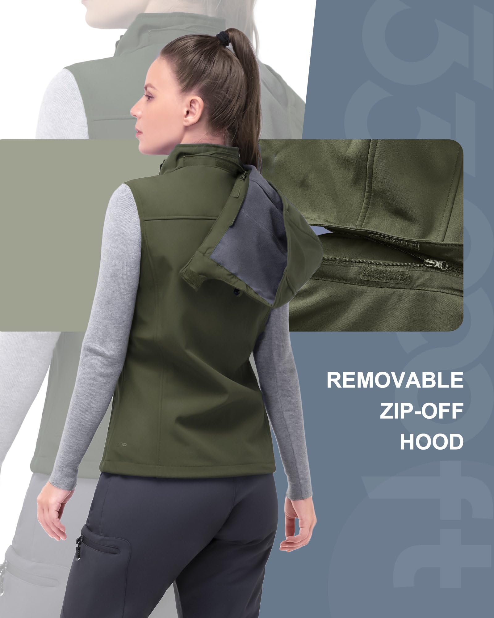 33,000ft Damen Softshell Westen mit Abnehmbarer Kapuze Fleece Gefütterter Ärmelloser Jacke Wasserdichte Winddichte Sportwesten Vest mit 5 Taschen für Reiten Laufen Wandern