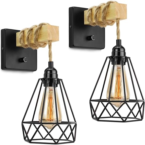Vintage Wall Sconces, Industrial Sconces Wall Lighting, 2 Pack Industrial Wall Sconces, Modern Black Wall Sconces Set of Two, Vintage Cage Wall Mount Light Fixture for Bedroom Bathroom Hallway Porch