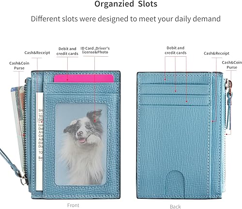 Miniatura 2 de Cartera delgada para mujer, pequeña cartera de cuero con bloqueo RFID, tarjetero minimalista con bolsillo frontal con monederos y bolsas, Azul,