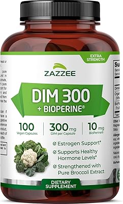 Zazzee DIM 300 mg Per Capsule, 100 Count, Plus 10 mg BioPerine, Estrogen Balance, Hormonal Acne, Menopause Support, Hormonal Balance, Diindolylmethane, Vegan, All-Natural, Non-GMO, Made in The USA