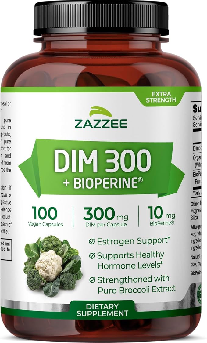 Zazzee DIM 300 mg Per Capsule, 100 Count, Plus 10 mg BioPerine, Estrogen Balance, Hormonal Acne, Menopause Support, Hormonal Balance, Diindolylmethane, Vegan, All-Natural, Non-GMO, Made in The USA
