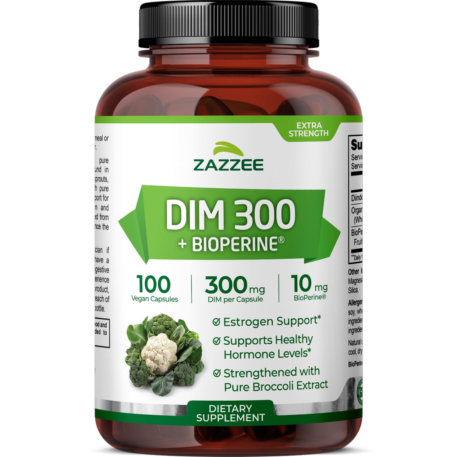 DIM 300 mg Per Capsule, 100 Count, Plus 10 mg BioPerine, Estrogen Balance, Hormonal Acne, Menopause Support, Hormonal Balance, Diindolylmethane, Vegan, All-Natural, Non-GMO, Made in The USA