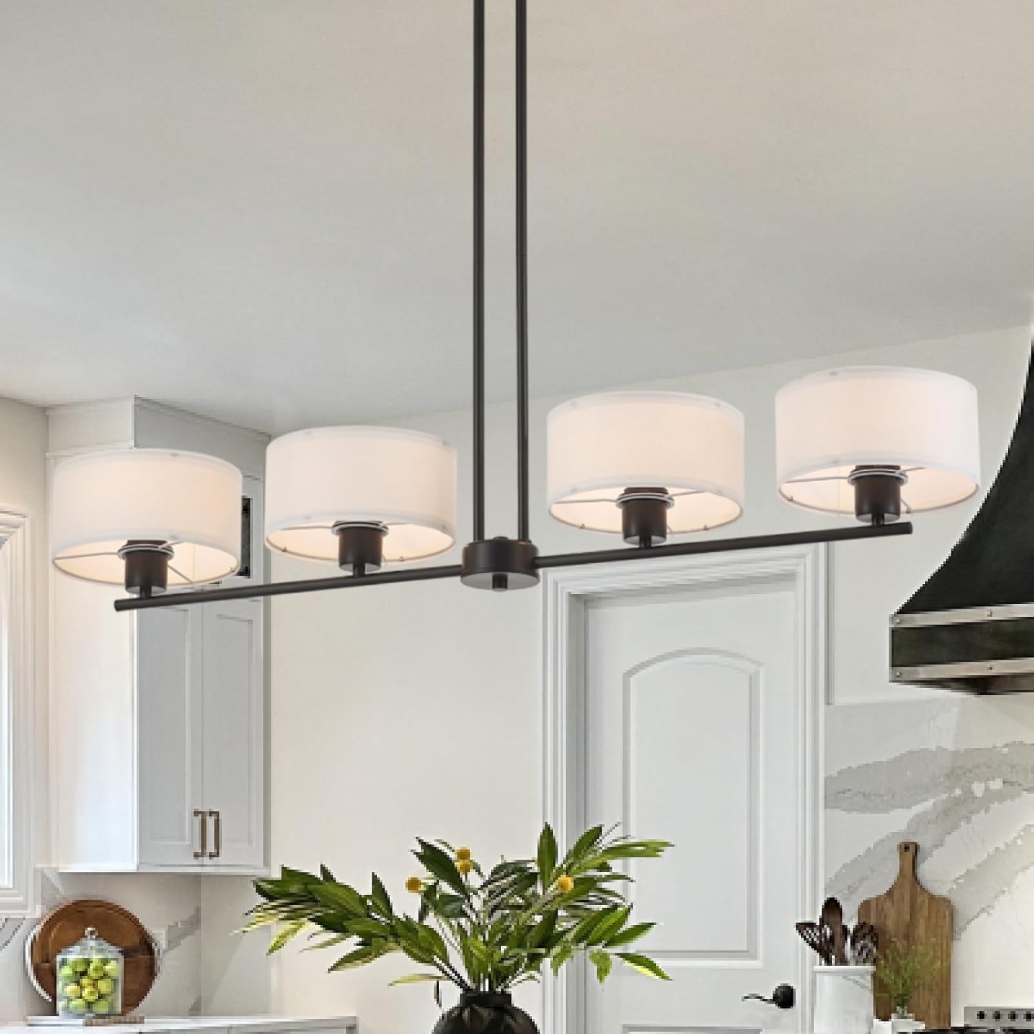 VILUXY Modern Farmhouse Island Light Black for Kitchen L41 Fabric Long 4 Lights Chandelier Linear Pendant Light Fixture for Dining Room Over Dining Table