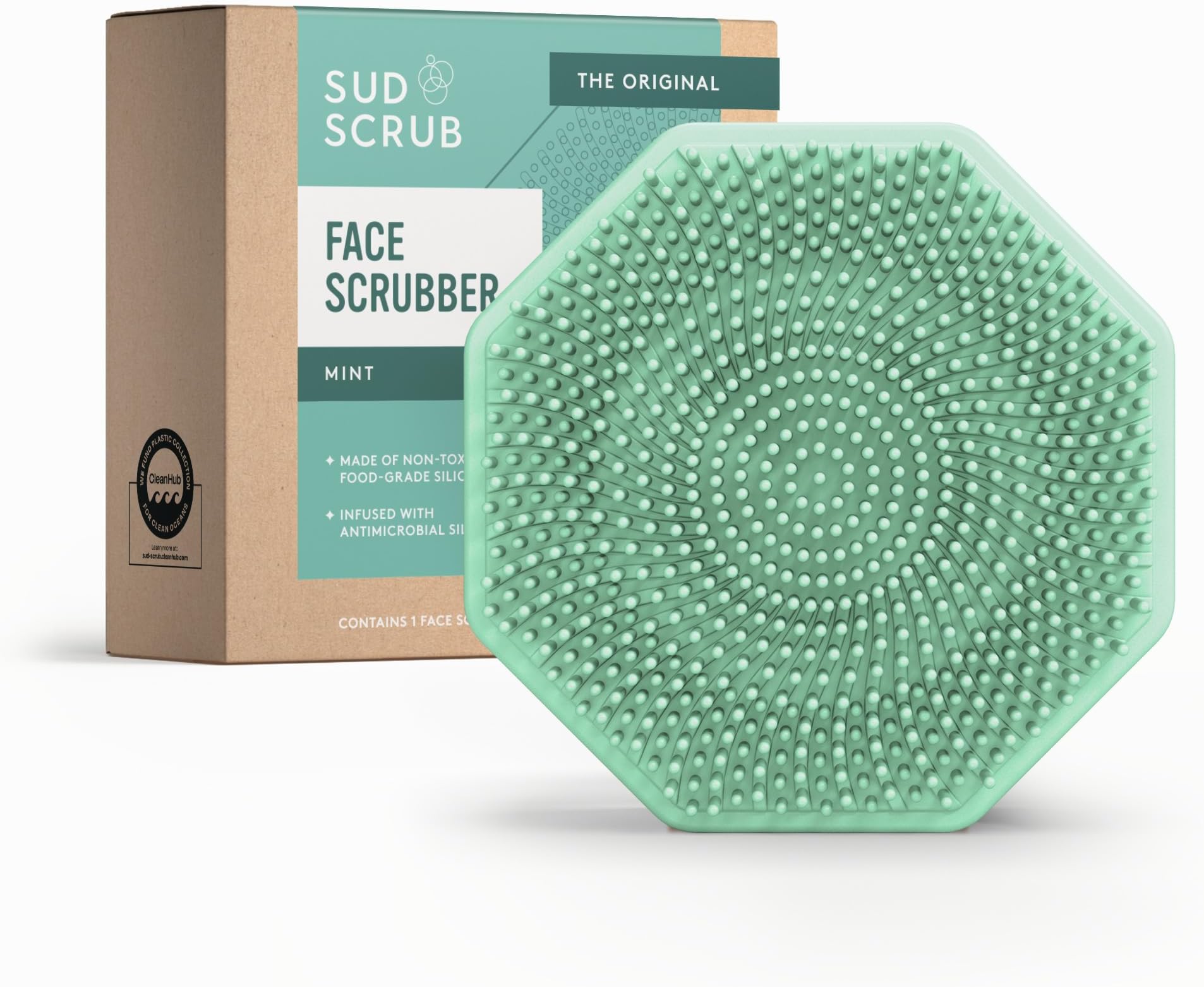Sud Scrub Antimicrobial Silicone Face Scrubber, 1 Pack, Gentle Face Exfoliator for Sensitive Skin, Eco Friendly Facial Cleansing Brush for Acne, Exfoliating Face Brush for Men and Women (Mint)