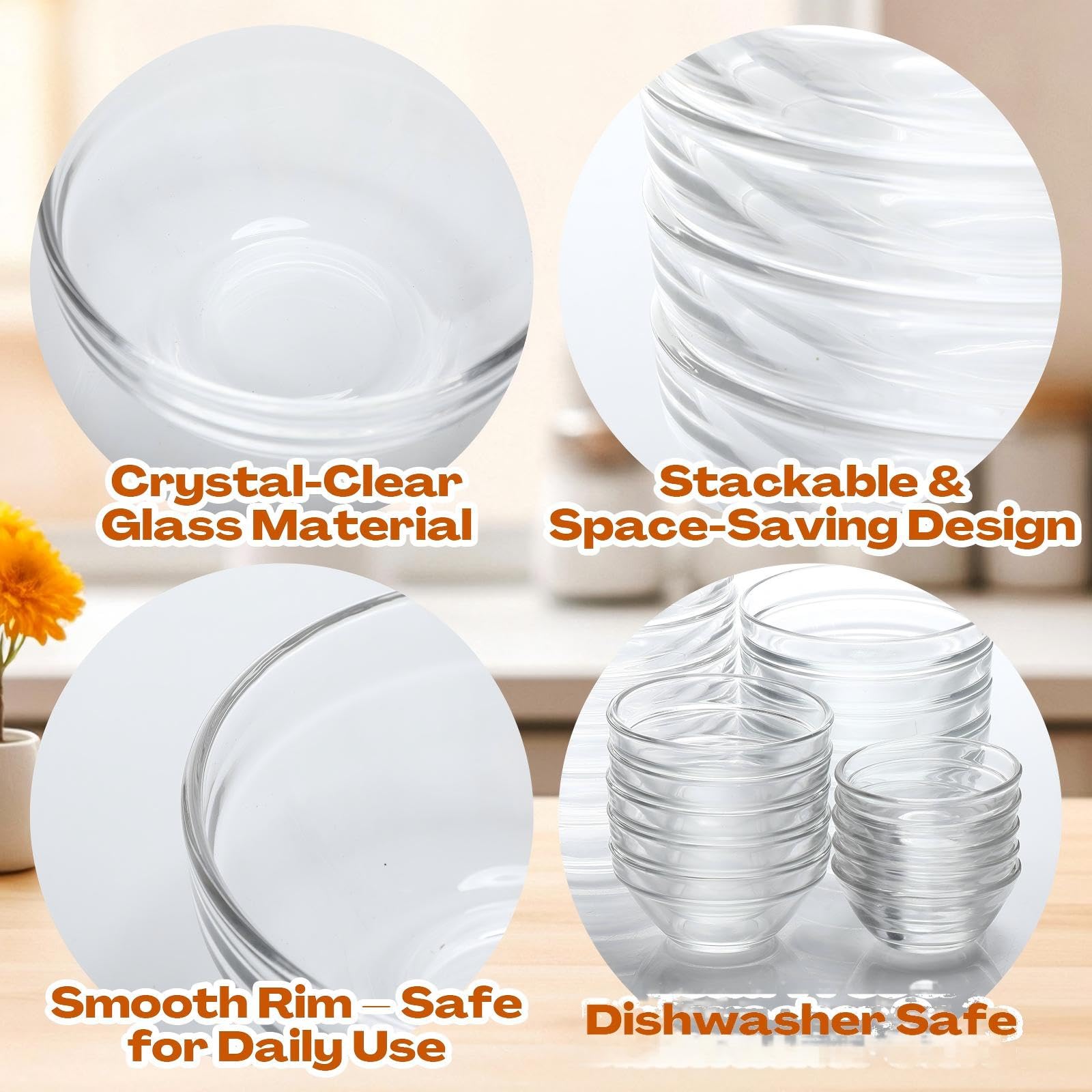 LemonRoad 20-teiliges Glas-Schüssel-Set, 4 Größen, 3,8 cm, 6,3 cm, 11,4 cm, 240 ml, transparent, klein, stapelbar, für Belag, Küche, Salz, Gewürze, Dipping, Backen und Mahlzeiten