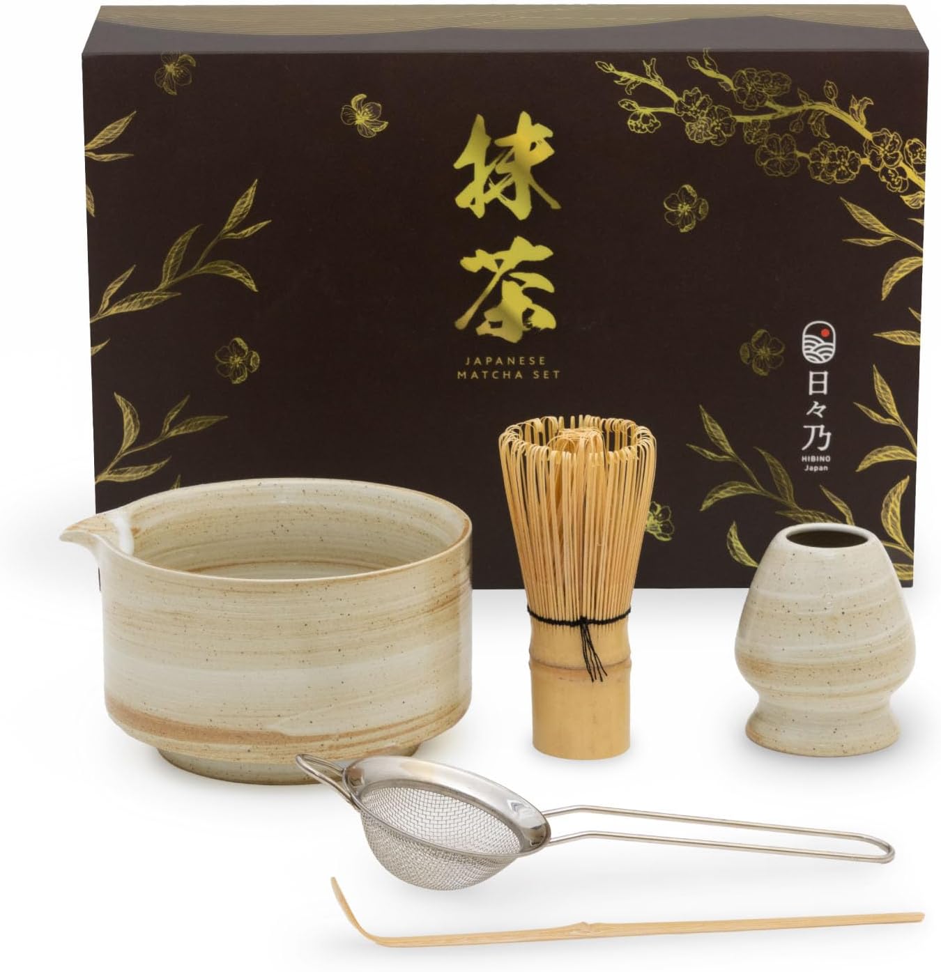 HIBINO Japanese Matcha Set | Matcha Bowl with Spout | Whisk & Holder | Bamboo Scoop & Stainless Sifter | 5-Piece Traditional Matcha Kit | Designed in Japan |「Rustic Beige」