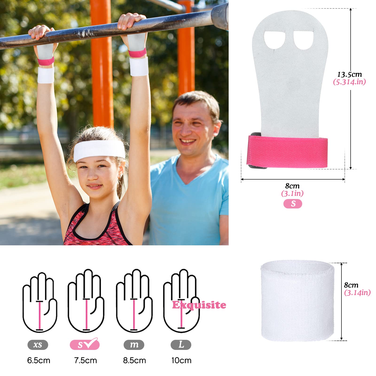 BBTO Manique Gym Poignées de Gymnastique Fille avec Bracelets Sweatband Bandeau Protection Palme et Poignet de Soutien Rose Blanc S