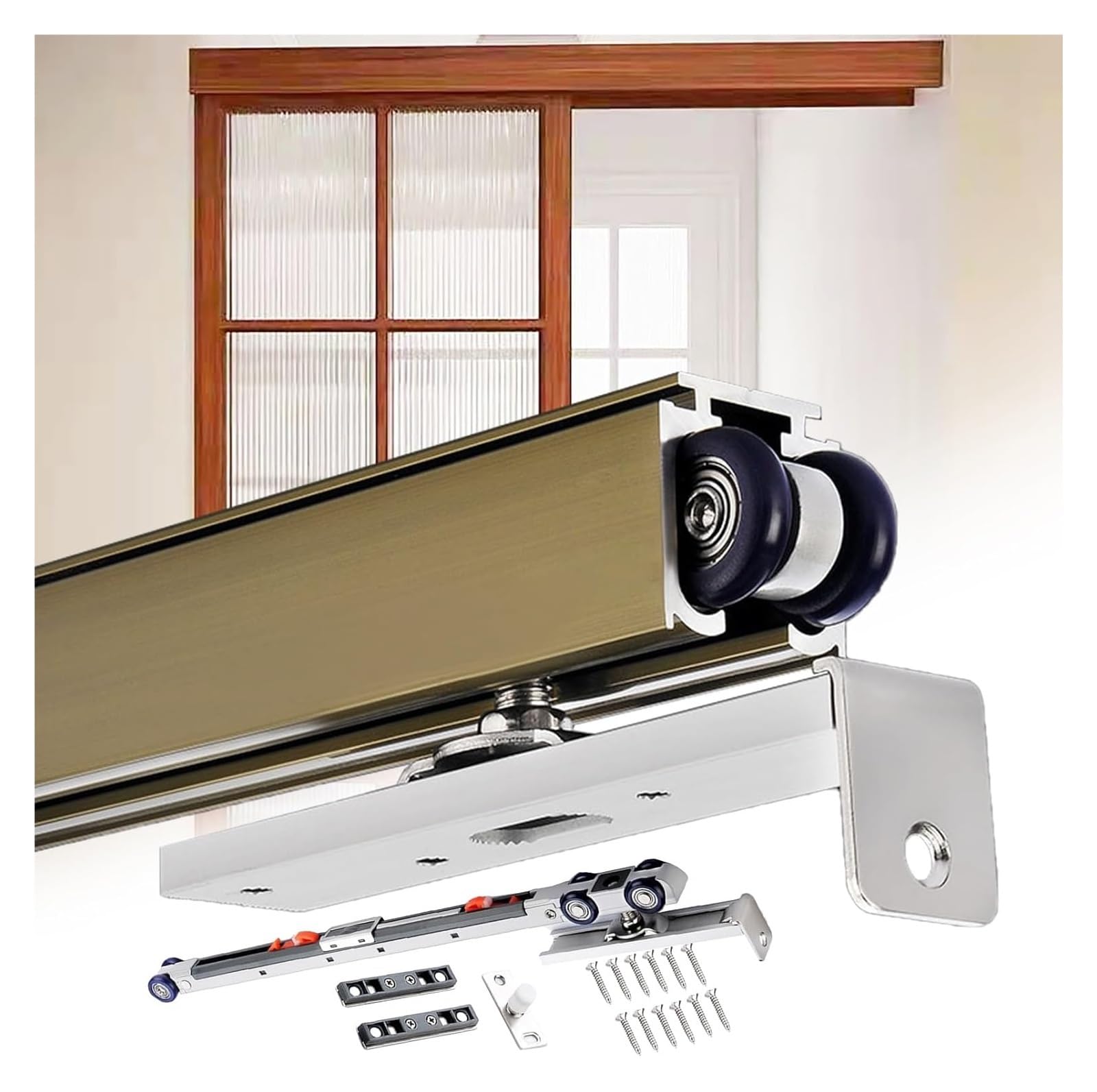 EBZFASO Sliding Door Track, Bypass Sliding Door Soft Close Track Kit(Champagne,340cm/11.2ft)