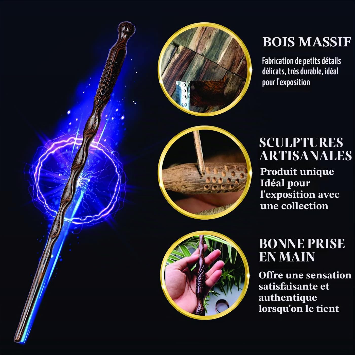 Handicraftviet - Baguette magique en bois sculpté à la main pour magiciens/cosplay de collection, cadeau magique pour Halloween, Noël et fête d'anniversaire, 38,1 cm (S6)