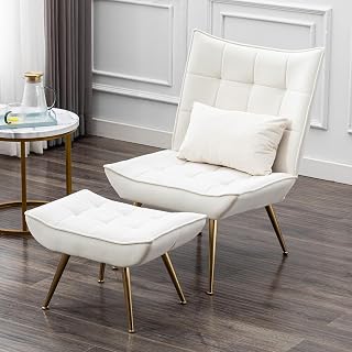 chairus Set Silla Relax de Terciopelo con Reposapiés Moderna Sillón de Tapizada para Salón Balcón Sillas con Almohada Lumbar (Beige)