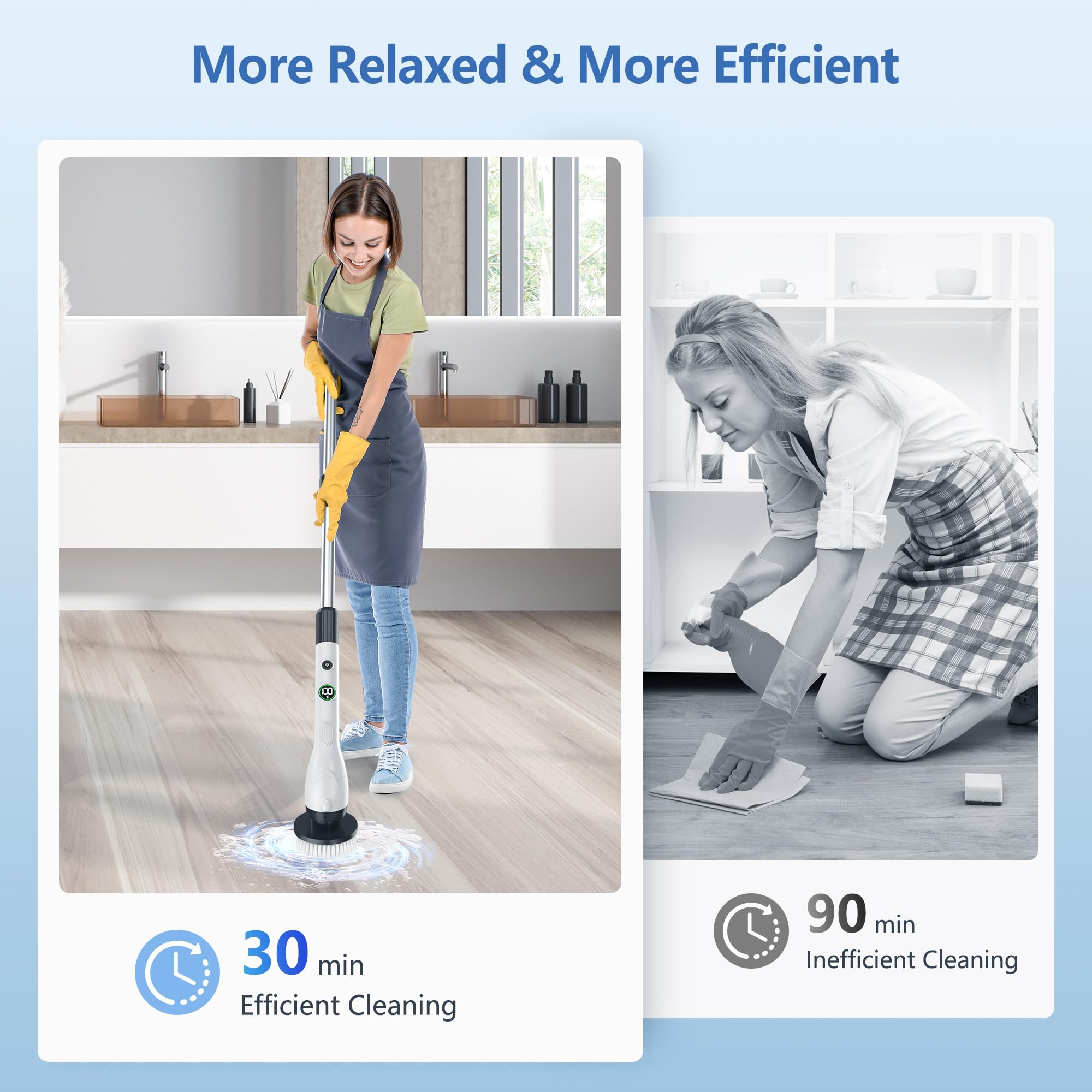 Electric Spin Scrubber, Cleaning Brush with 8 Brush Heads, IPX7 Waterproof LED Display, Adjustable Extension Handle Shower Scrubber for Bathroom Floor Tub Tile (Black)