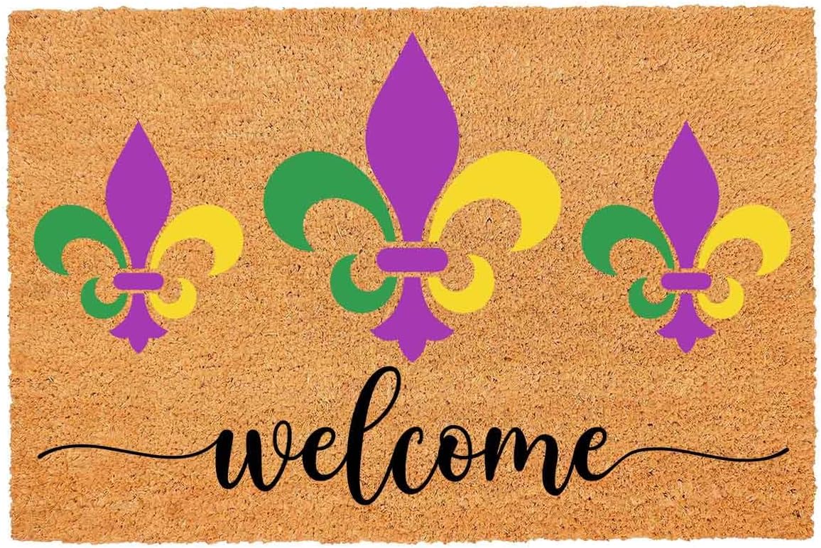 Funny Coir Doormat Fleur De Lis Welcome Happy Mardi Gras Welcome Porch Decor Doormat For The Entrance Way Personalized Rug with Heavy-Duty PVC Backing Non Slip Outdoor Coir Doormat 23.6 x 15.7inch