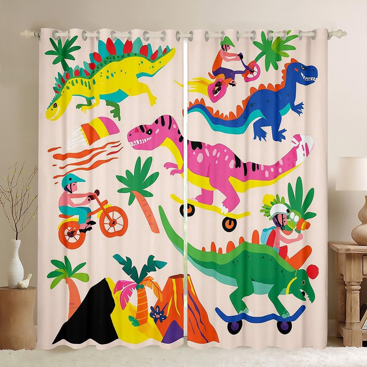 Dinosaur Mushroom Window Curtain,Botanical Animal Curtains Kids Boys Girls Home Room Decor,Abstract Mountain River Cartoon Window Treatment Curtain,Nature Scenery Window Drapes,2 Panels,52Wx63L