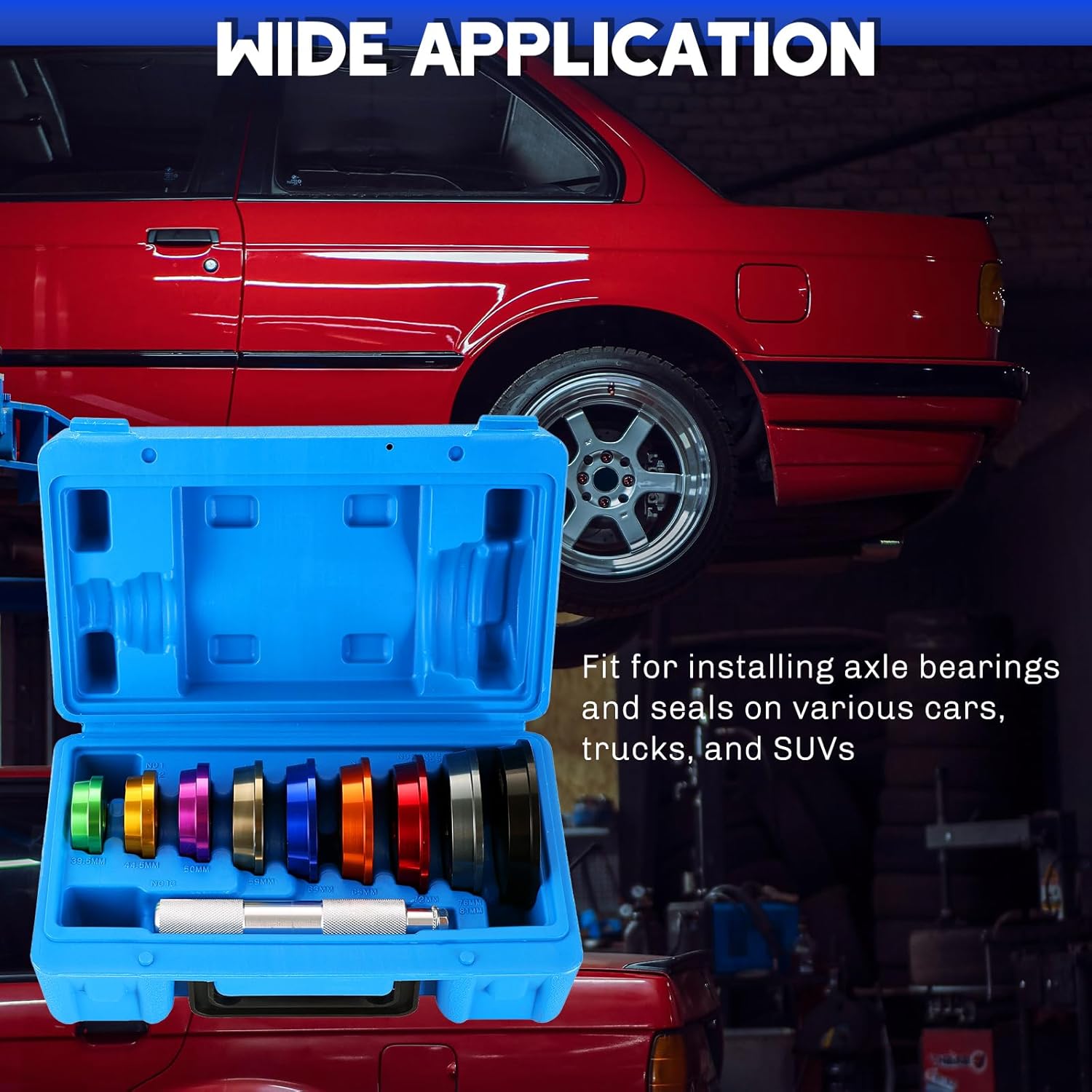 Bearing Press Kit | 10pc Bearing Race and Seal Driver Set with a Driver Handle and 9 Discs Collar Axle Housing, Universal Tool for Bearing Races and Seals in Automotive Wheel Hubs (Colorful)