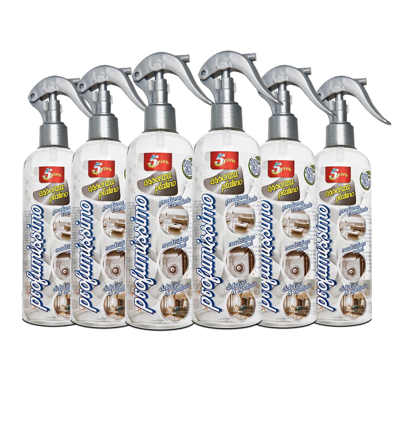 SUPERFIVE, Profumissimo, Profumatore Spray per Ambienti e Tessuti, Deodorante Spray Casa 350ml x 6 Pack (2,1 Litri) (Platino)