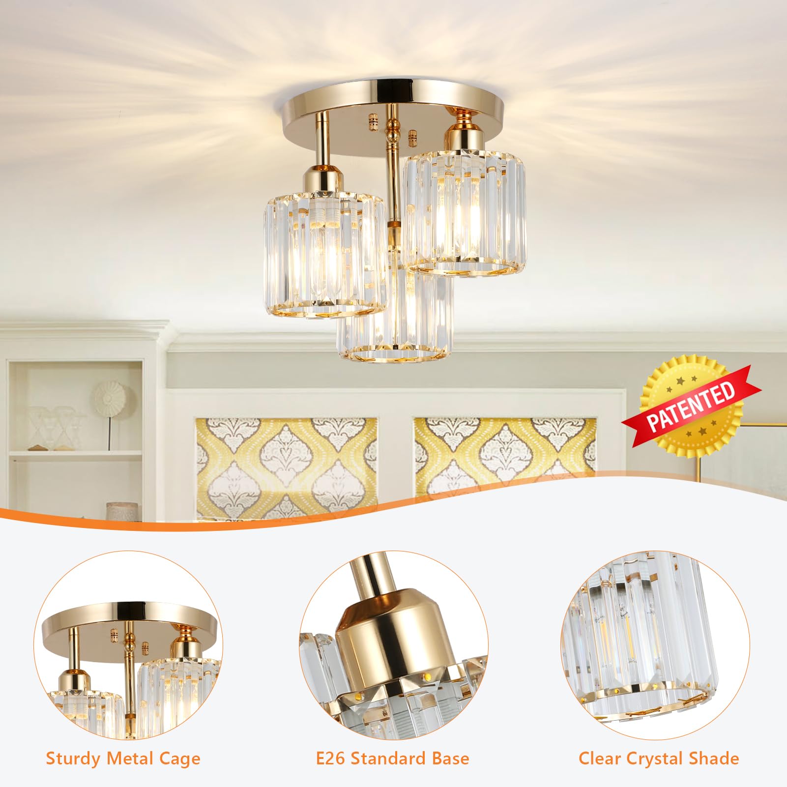 Rayofly Modern Kristall Kronleuchter, 3-flammig Kristall Deckenleuchte mit Glas Lampenschirm, Modern Deckenlampe Wohnzimmer, Glas Deckenleuchte für Schlafzimmer, Küche, Flur, Badezimmer, Matte Gold