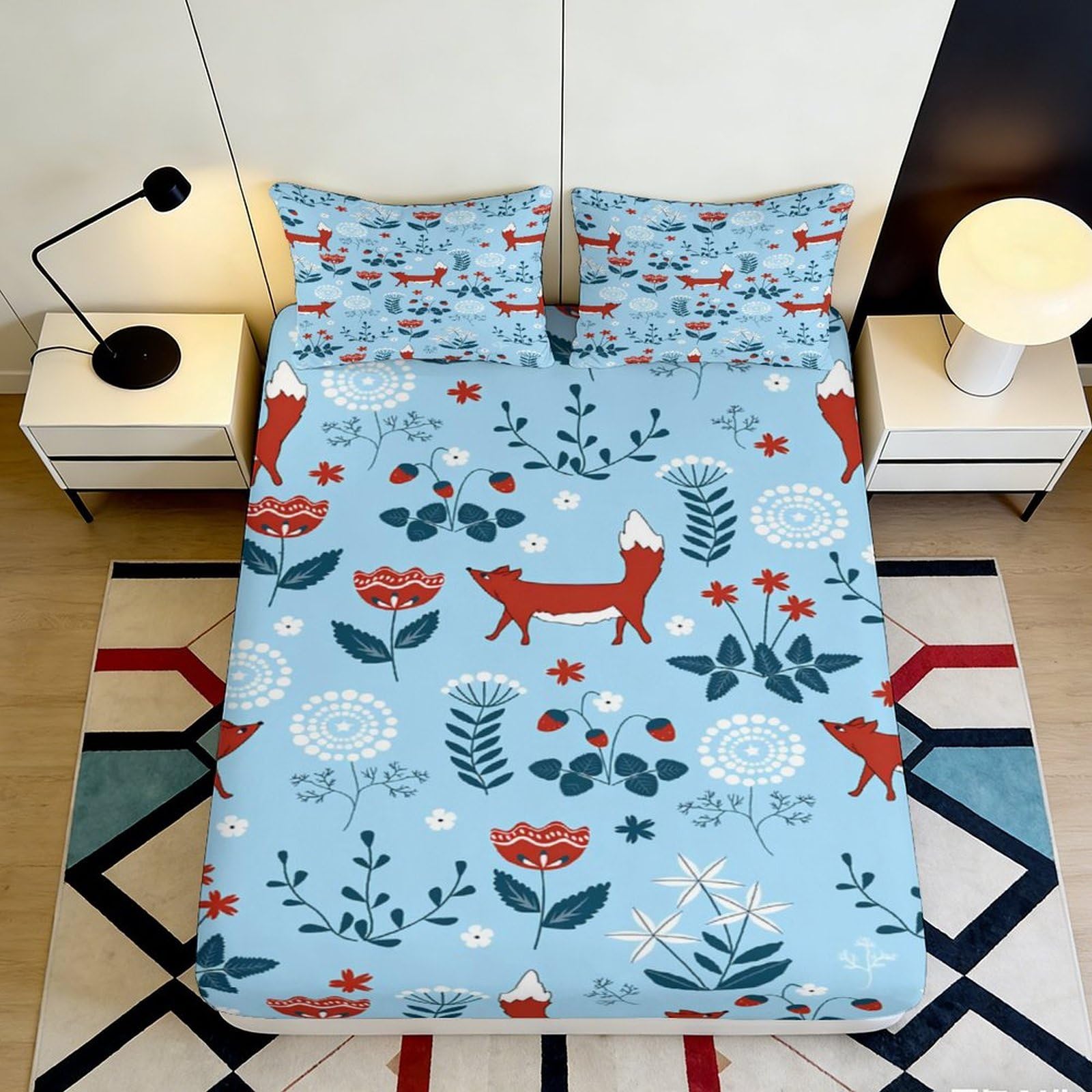 3D Printed Fox Floral Fitted Sheet Microfiber Soft Blue Hedgehog Mattress Cover for Bedroom Dorm Decor 90x200x25cm