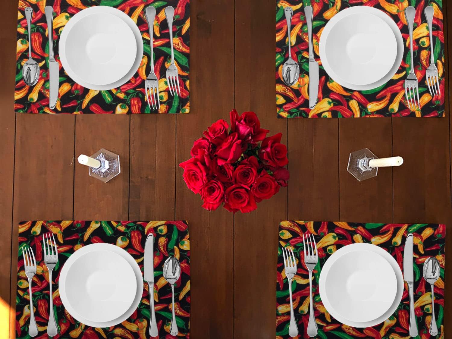 lovemyfabric Kitchen Fruit Collection Print Cotton Placemats 13" x 19" (Pack of 4) Dinner Table Decor Holiday Party Event Table Decoration (Chili Peppers Black)