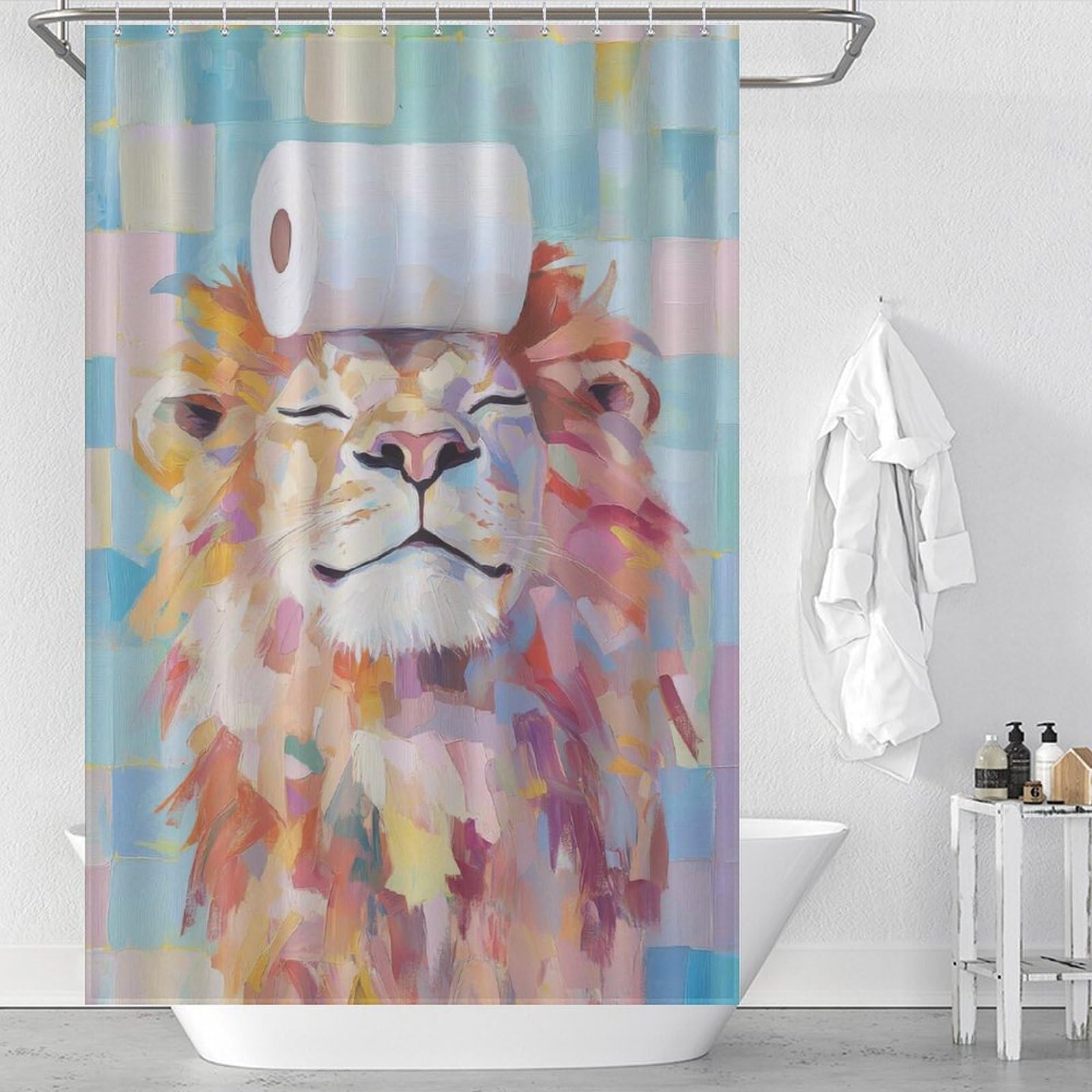 Rideau de douche humour lion pour une salle de bain moderne et sèche