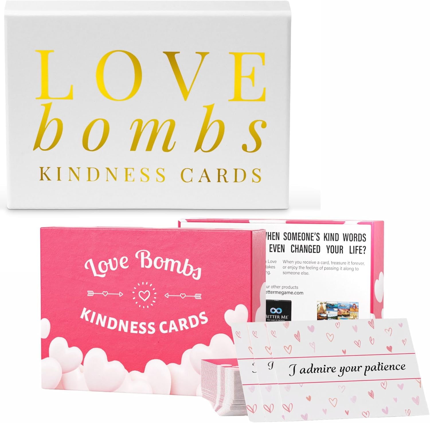 Better Me Love Bombs Kindness Cards - Red & Gold, 2x 111 Appreciation & Gratitude Cards, Love Notes for Him & Her, Valentines Day Gifts