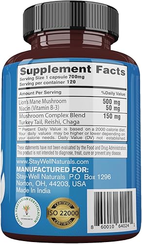Miniatura 8 de Cápsulas de suplemento de hongo de melena de león con niacina  Cápsulas complejas de hongos, con hongos de cola de pavo, hongo Chaga y extracto de