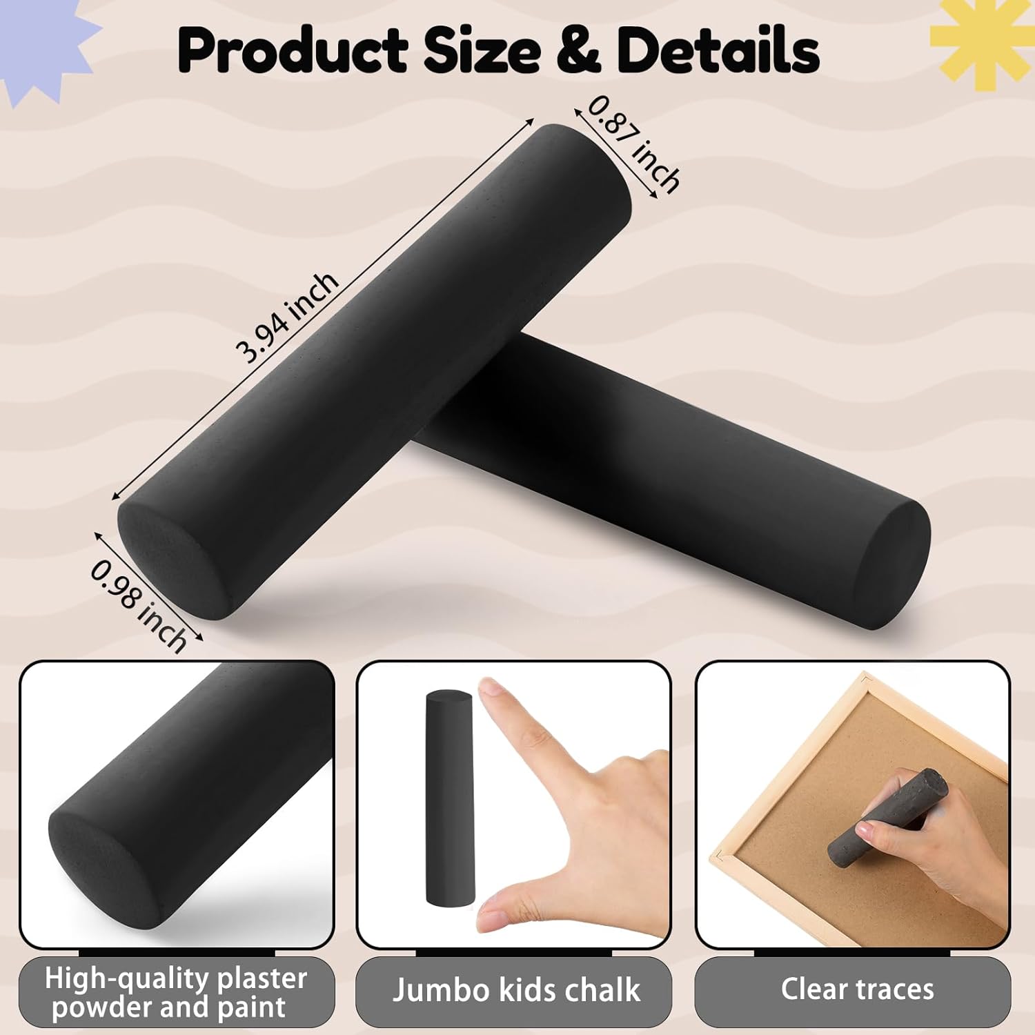 Fulmoon 40 Pcs Jumbo Sidewalk Chalk Outdoor Art Non Toxic Large Washable Street Chalk for Adults Drawing Painting (Round,Black)