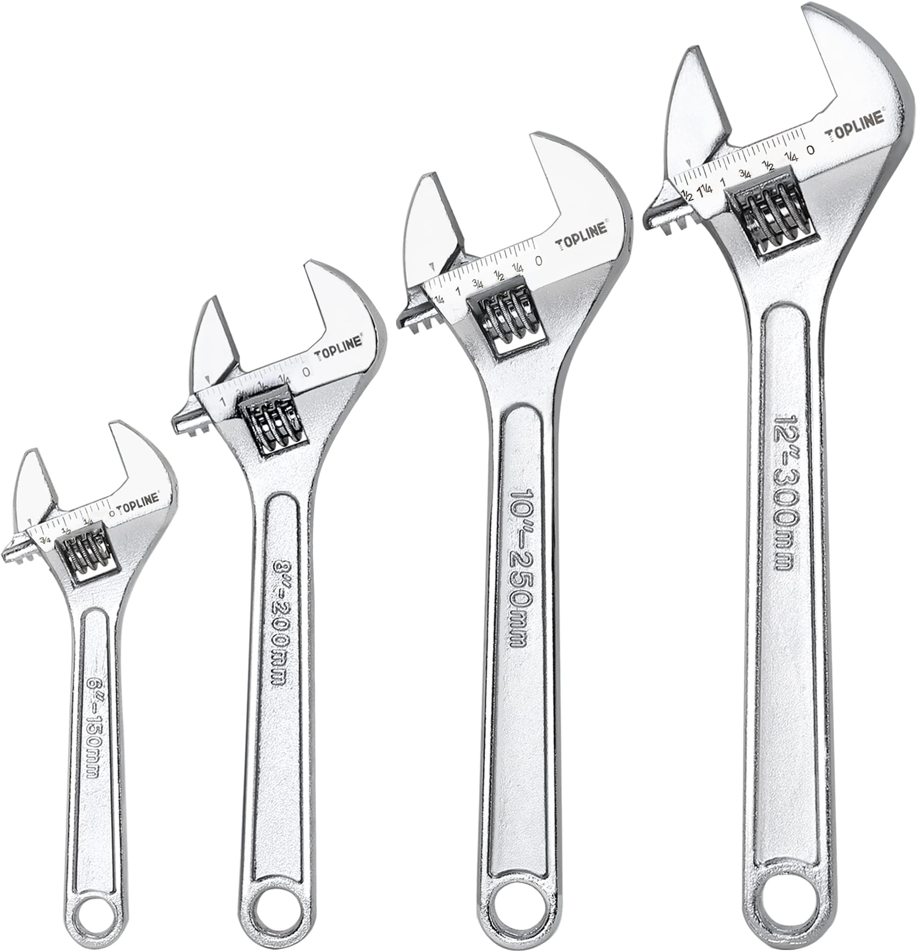 TOPLINE Adjustable Wrench Set, 4-piece, Includes 12-In, 10-In, 8-In, 6-In, Forged Steel, Polished, Mechanical, Perfect for Home & Garage