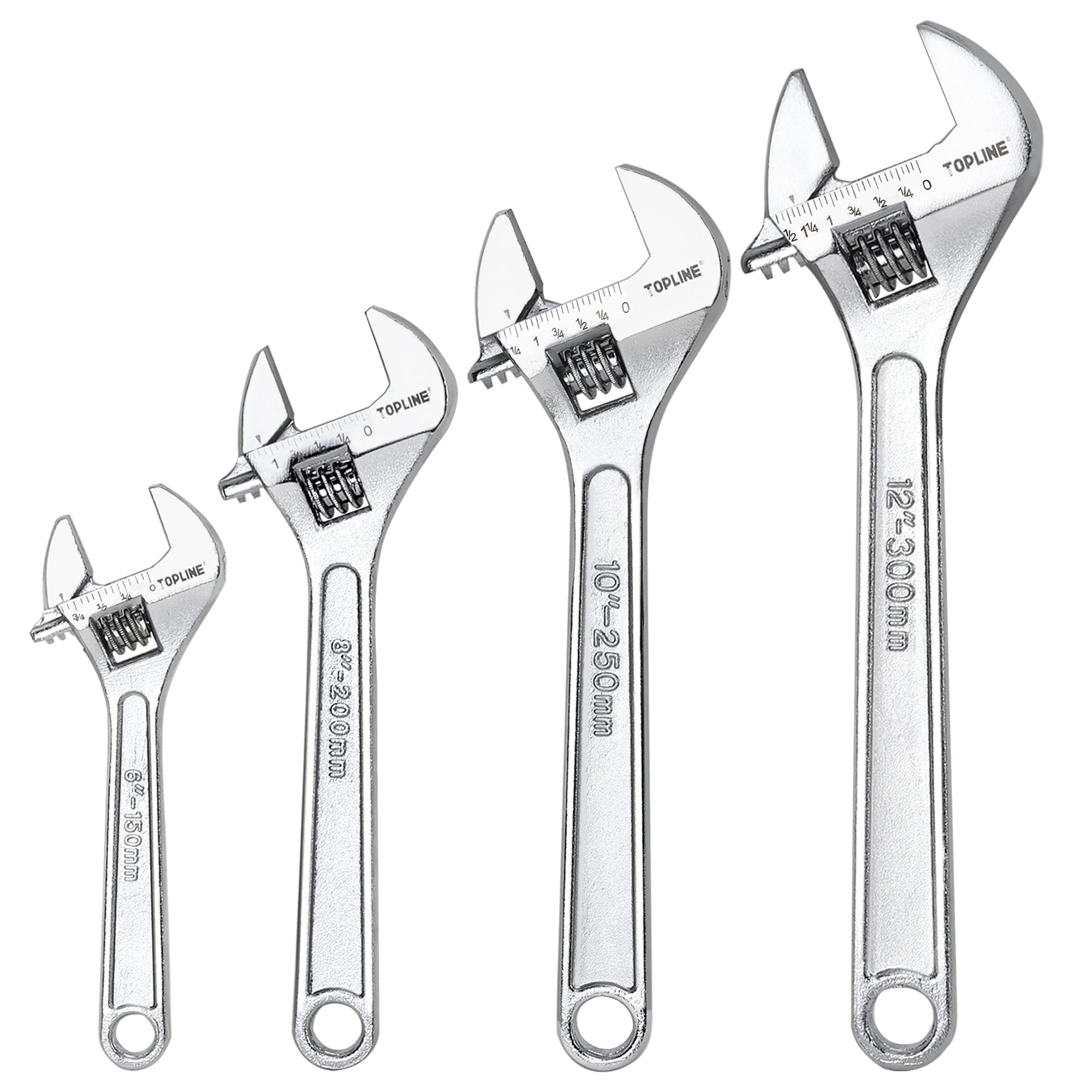 Topline 4-piece Adjustable Wrench Set with Wide Handle, Included 12-In, 10-In, 8-In, 6-In, Adjustable Wrench Set with Measurement Scales, Perfect for Plumbing, Home and Garage Applications